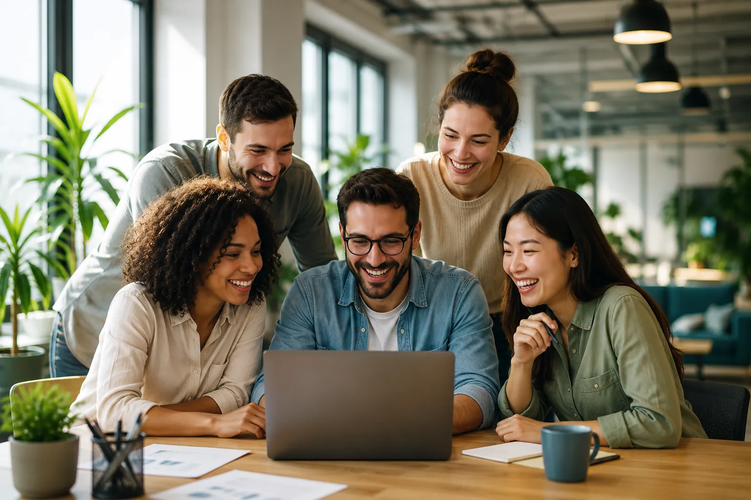 Equipe de uma empresa de tecnologia reunida no escritório
